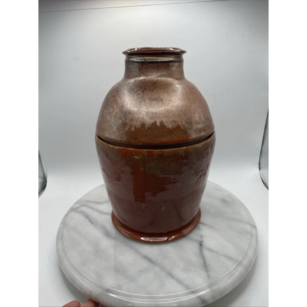 Studio Pottery Artisan Lidded Jar Brown Bronze Metallic Glaze 9.5 In Handcrafted